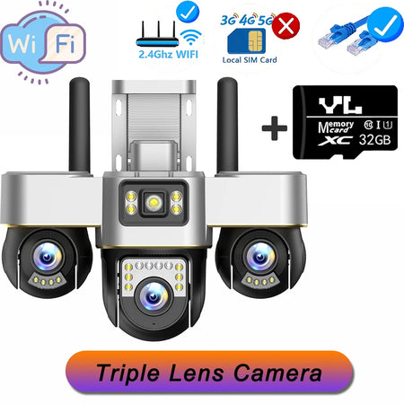 15MP Three Screens IP Camera Wireless Outdoor Three Lens PTZ Lens Audio Human Auto Tracking Surveillance Wifi Cameras Waterproof WIFI Cam 32G Card / US Plug