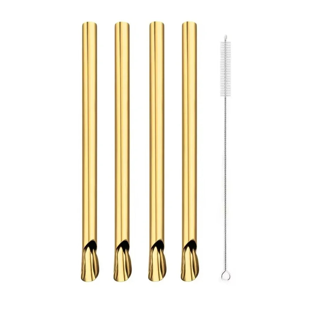 Straw Spoon Set &ndash; Reusable Stainless Steel for Smoothies and Milkshakes 4Pcs Gold
