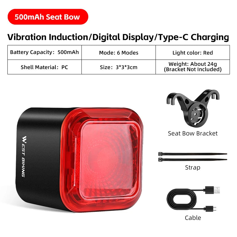 WEST BIKING Smart Brake Sensing Bicycle Taillight with Digital Power Display 500mAh Seat Bow