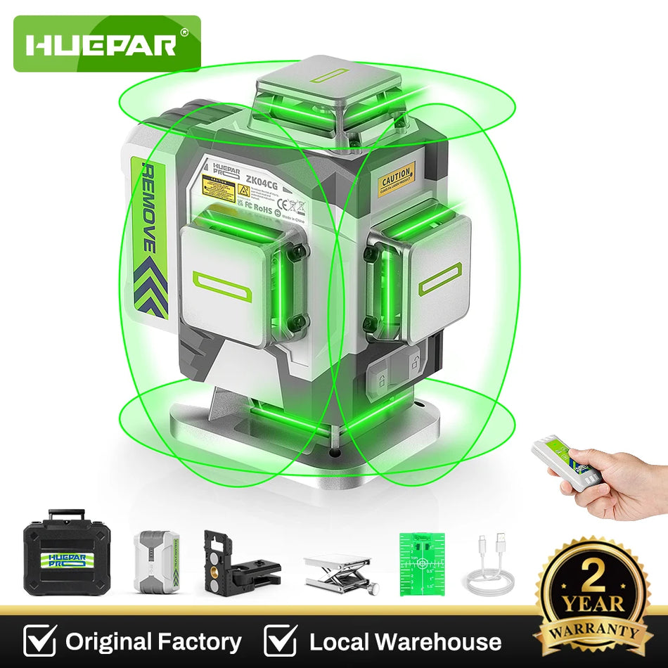 Huepar ZK04CG-L Grön Korslinjelaser, Självnivellerande, 16 Linjer, 8000mAh