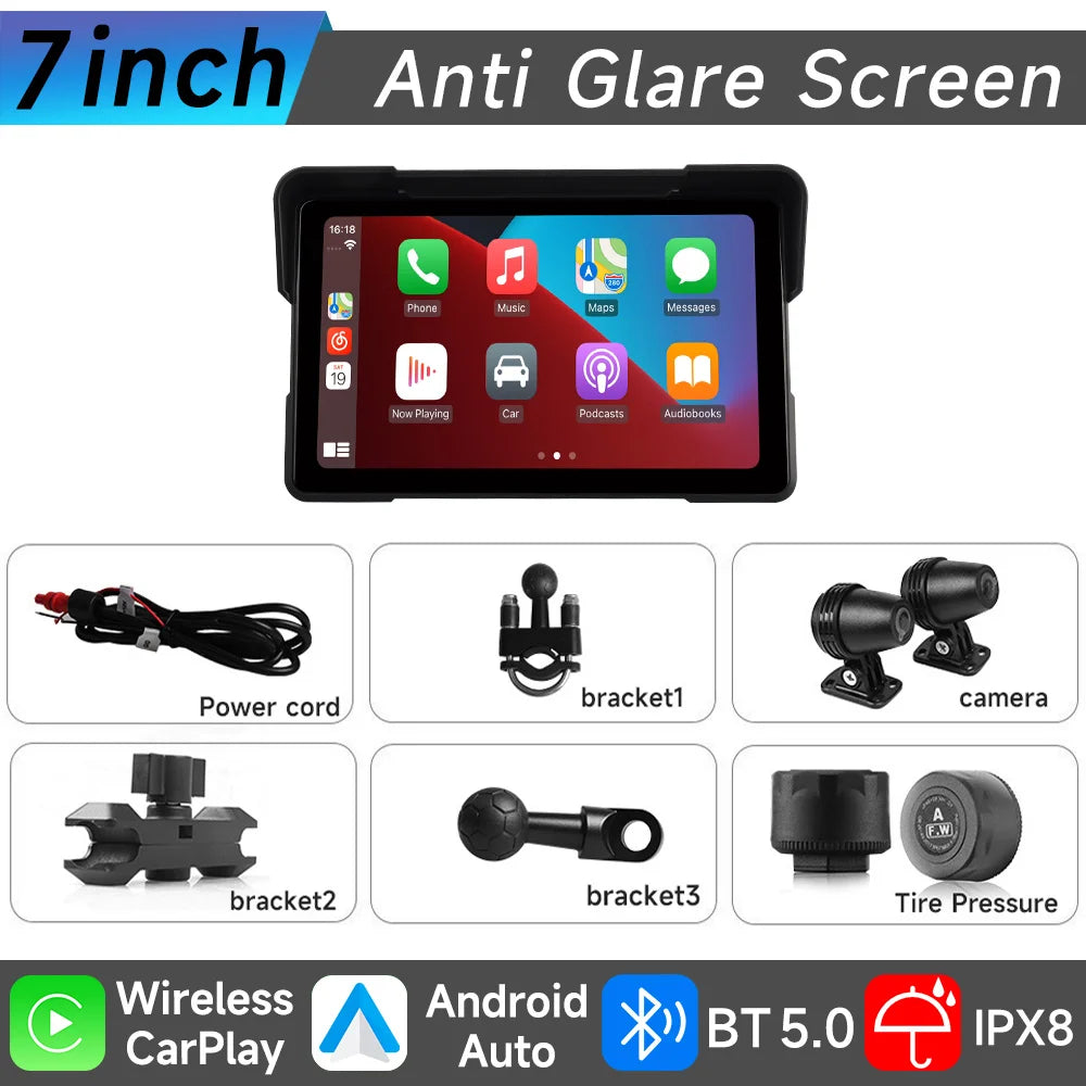 JIUYIN 7 Inch Motorcycle GPS Navigation Recorder &ndash; IP67 Waterproof with Wireless CarPlay and Android Auto M572 DVR-TMPS / CHINA