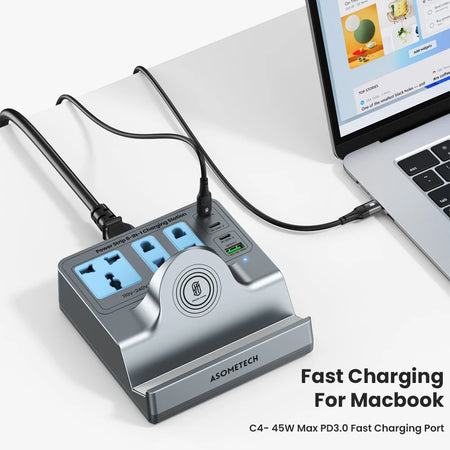 ASOMETECH 72W Fast Charging Station &ndash; Triple Socket Power with 4 USB Ports