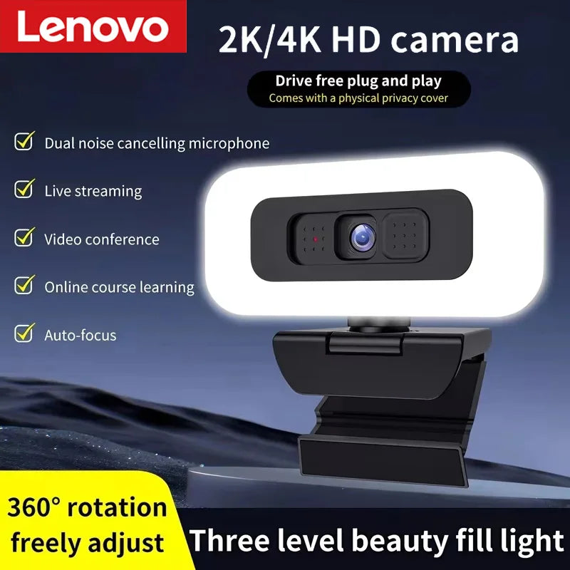 Lenovo Webcam 2K/4K Ultra HD Auto Focus With Microphone Light Privacy Protection Cover For Light Live Streaming Flexible
