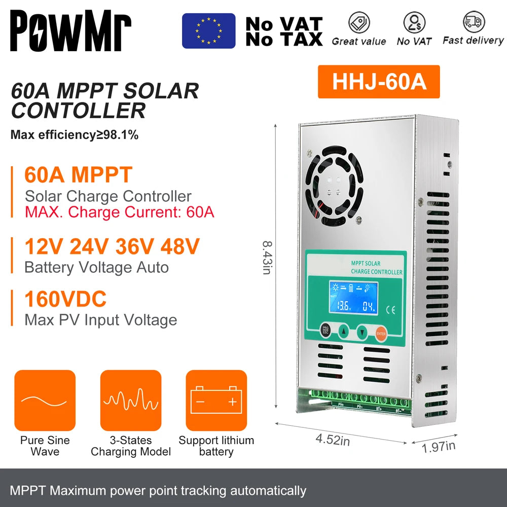 PowMr MPPT Solar Charge Controller &ndash; LCD Display, 12V-48V MPPT 60A / france