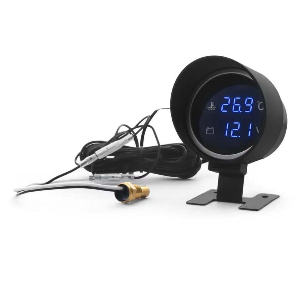 2-in-1 LCD-automittari, veden lämpötila 1-99 °C ja 10-24 V jännitemittari, sininen taustavalo
