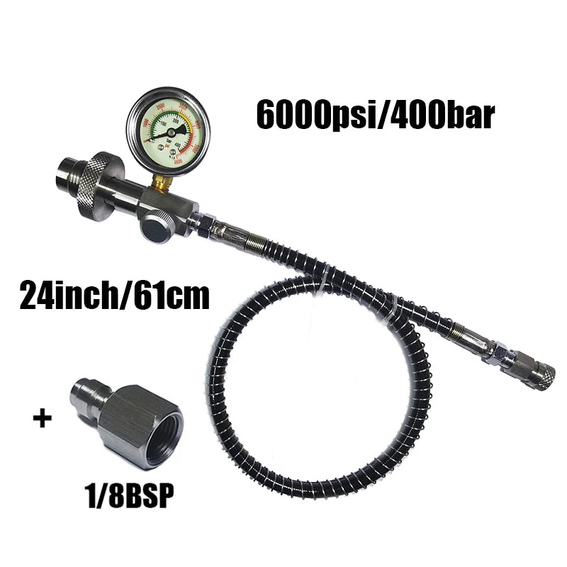 HPA Air Diving DIN G5/8 Fill Station Adapter with Stainless Steel Gauge 24inch Hose BSP QD