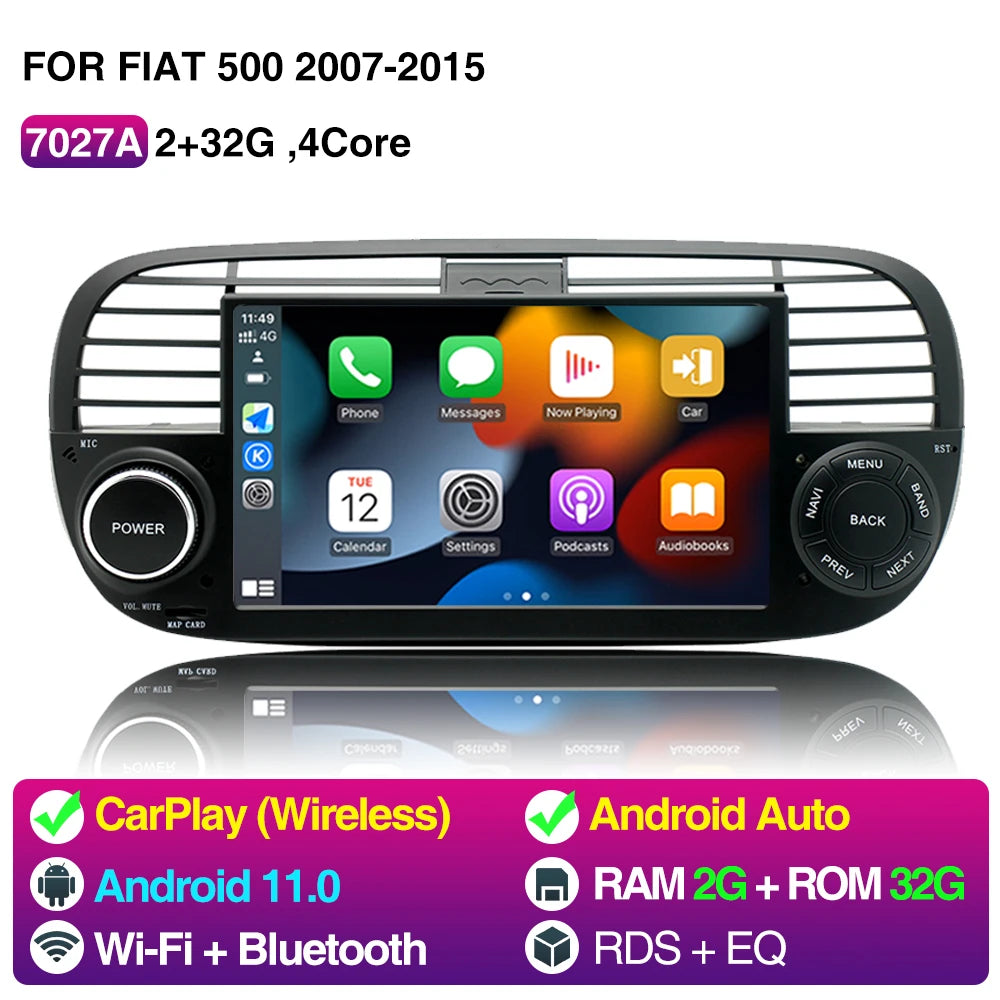 7 Inch Car Radio For Fiat 500 2007-2015 - Wireless CarPlay 2 32G Black