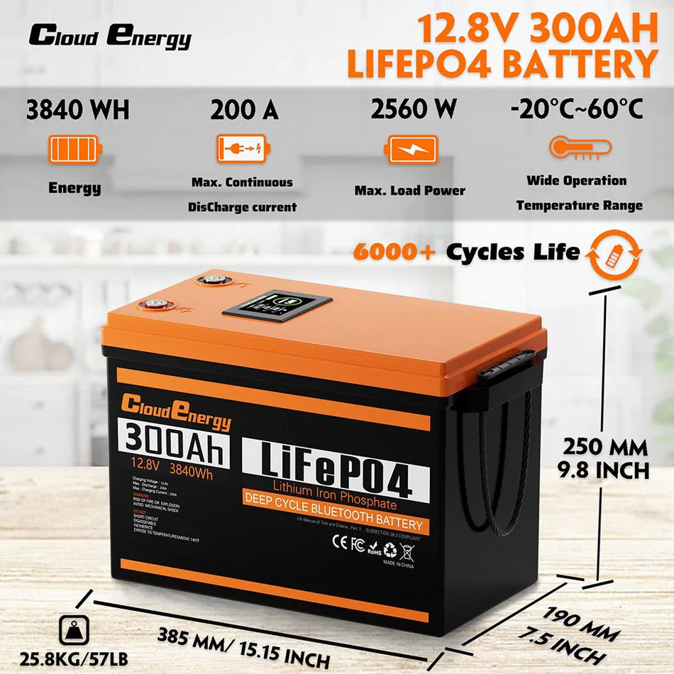 Cloudenergy 12V 300Ah LiFePO4 akumulatoru komplekts rezerves enerģijai, 3840Wh, 6000+ cikli, 200A BMS, LCD displejs
