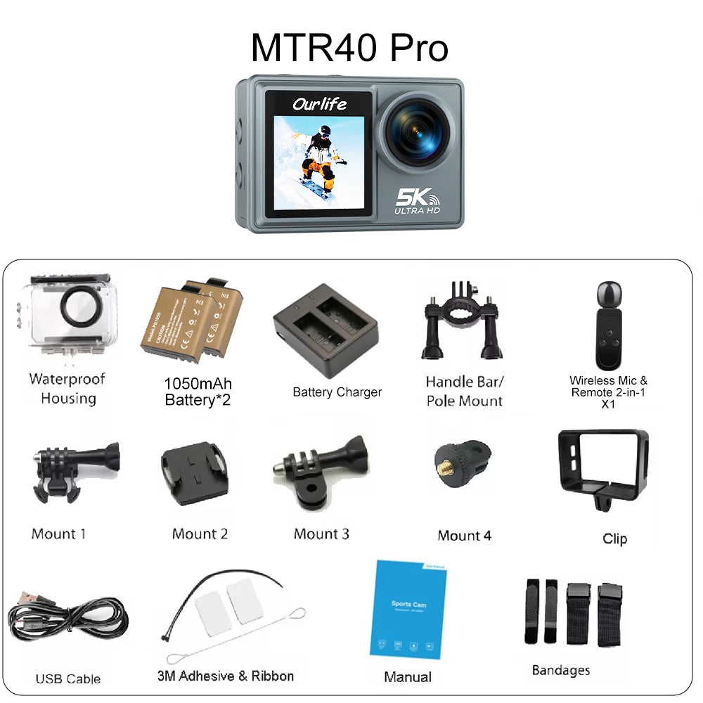 Ourlife MTR40 5K Action Camera &ndash; 170 Degree Waterproof with 5X Zoom MTR40 Pro / With 32GB Card