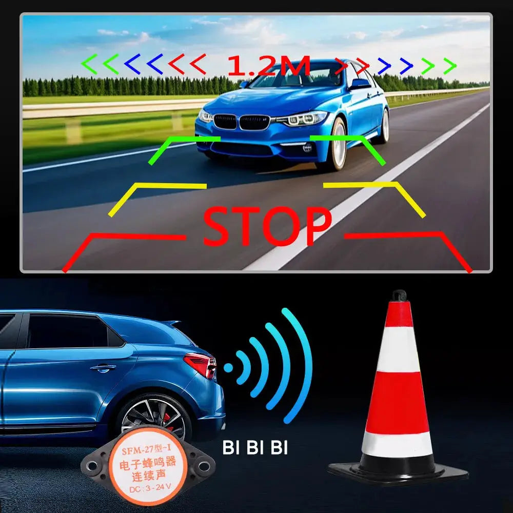 90° Adjustable Mount Visual Fisheye Lens Reverse Camera with Parking Radar Sensor, IP67 No Drilling Car Rear View Backup Camera by InterCyprus Trading Ltd