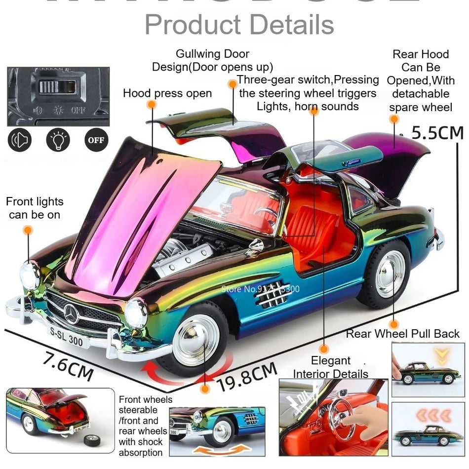 Mașină de model Diecast 300SL Vision GT 1:24 cu retragere, sunet și lumină
