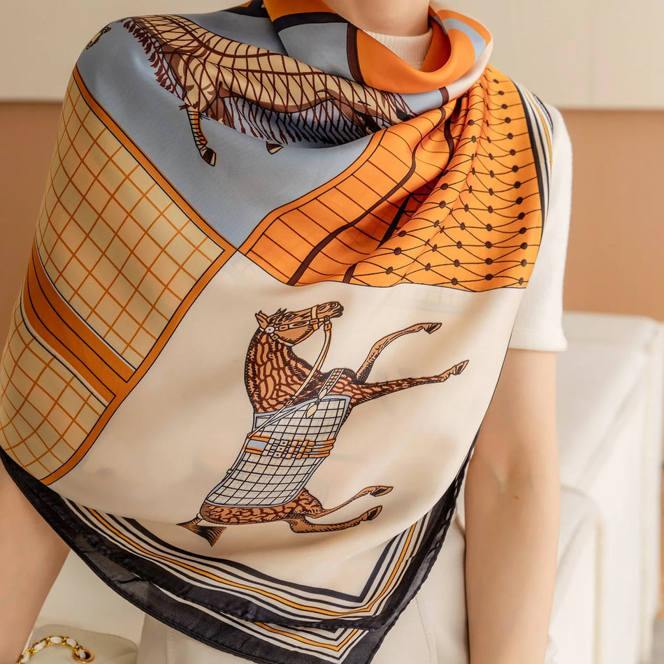 Luxury Horse Print Square Scarf &ndash; Vintage Imitation Silk Elegance