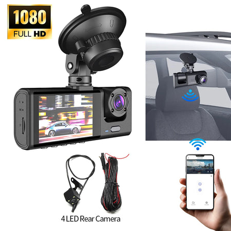 Dash Camera Night Vision 3-Lens DVR &ndash; 1080P IPS Screen 4LED
