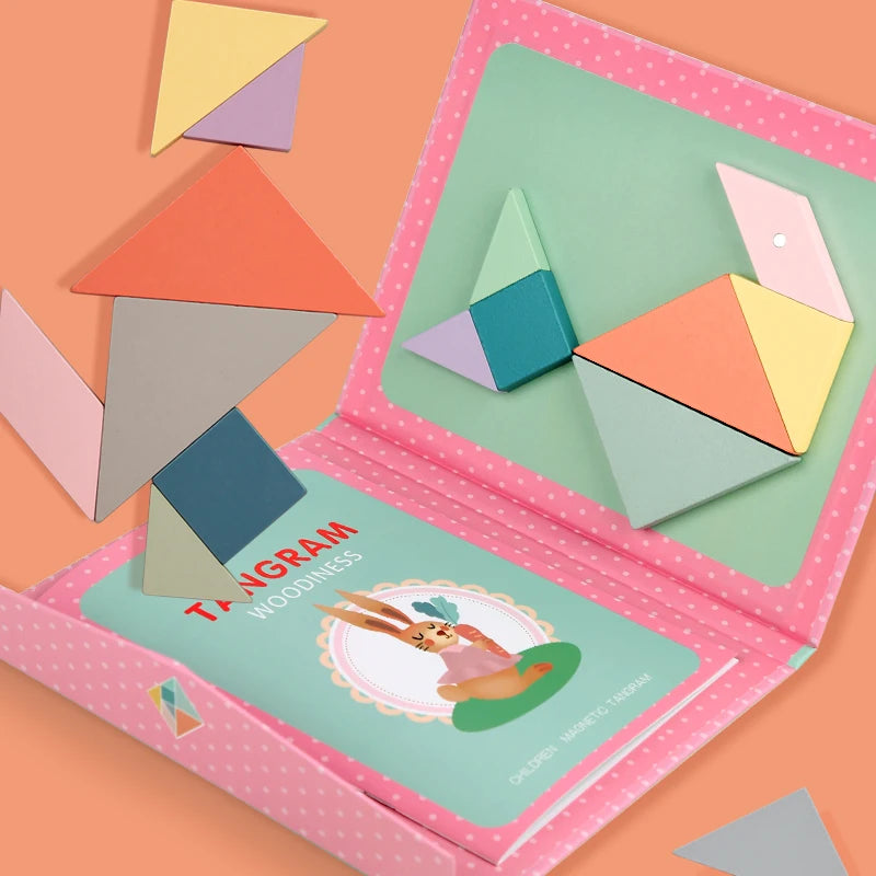 Wooden Jigsaw Magnetic Tangram Puzzle Book - Portable Toy