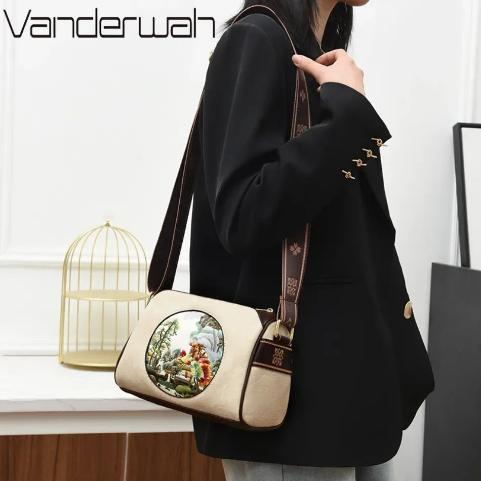 Geantă de mână crossbody pentru femei cu imprimeu la modă, aspect piele culoare solidă, stil designer de lux