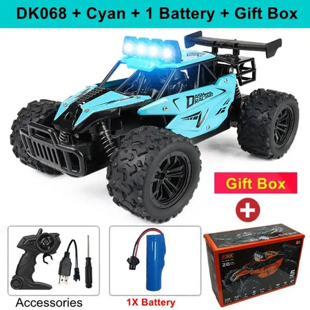 Remote Control Car RC Drift 1:16 Off Road Alloy &ndash; LED Light DK068 Cyan 1B Box