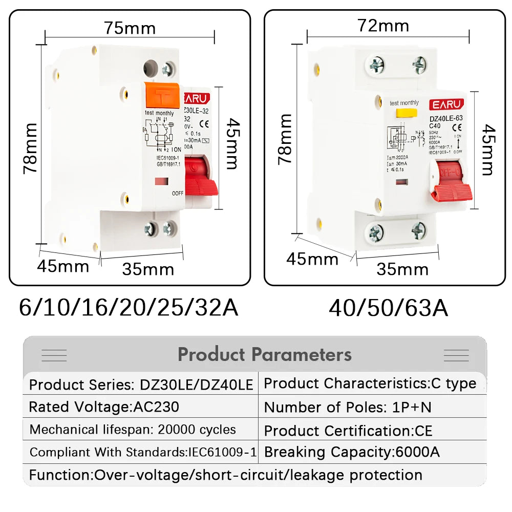 EARUELETRIC 230V 1P+N RCBO MCB with Overload &amp; Short Circuit Protection, 6-63A