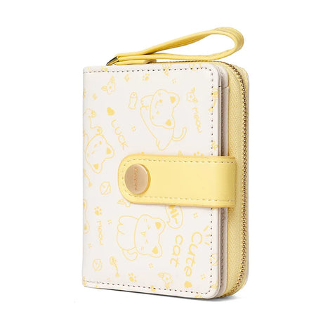 Cute Cat Girl Zipper Wallet for Women &ndash; Fashionable Short Card Holder and Coin Purse Yellow