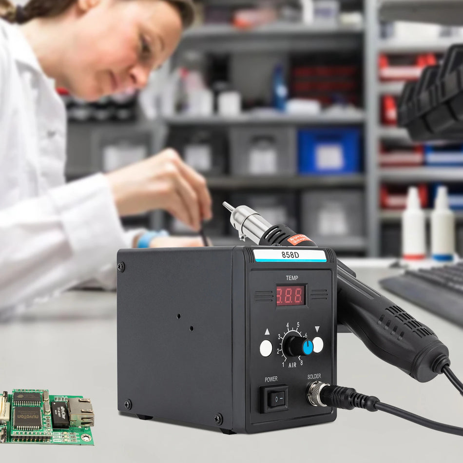 858D 700W varm luft rework station med pistol 3 dyser 8 gear