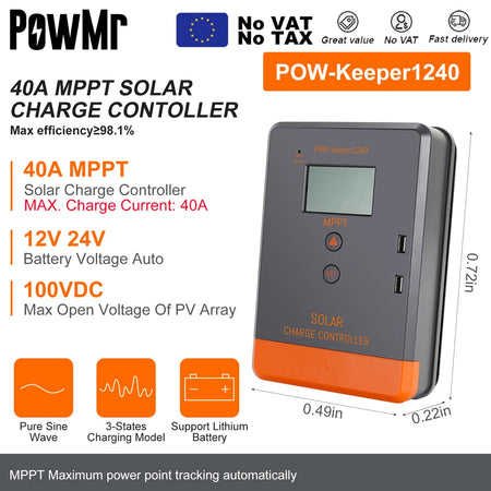 PowMr MPPT Solar Charge Controller &ndash; LCD Display, 12V-48V MPPT 40A / france
