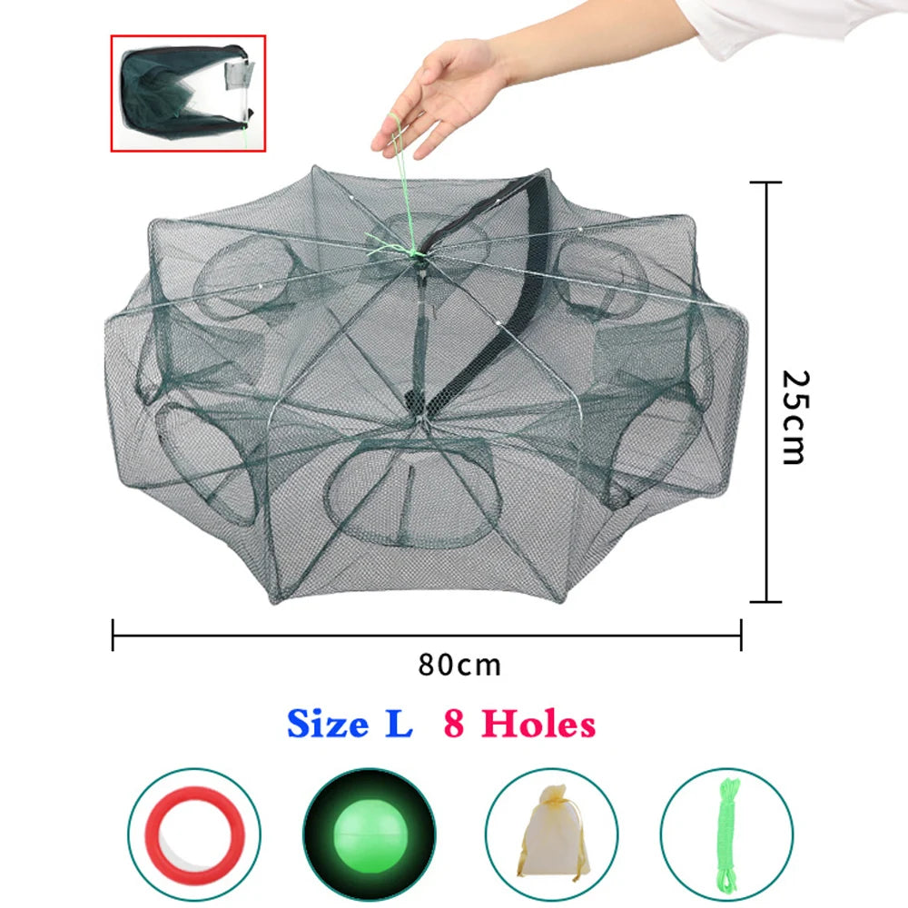 Folding Crayfish Catcher &amp; Fish Trap Nets - Easy &amp; Automatic Trapping Solution Size L 8 Holes
