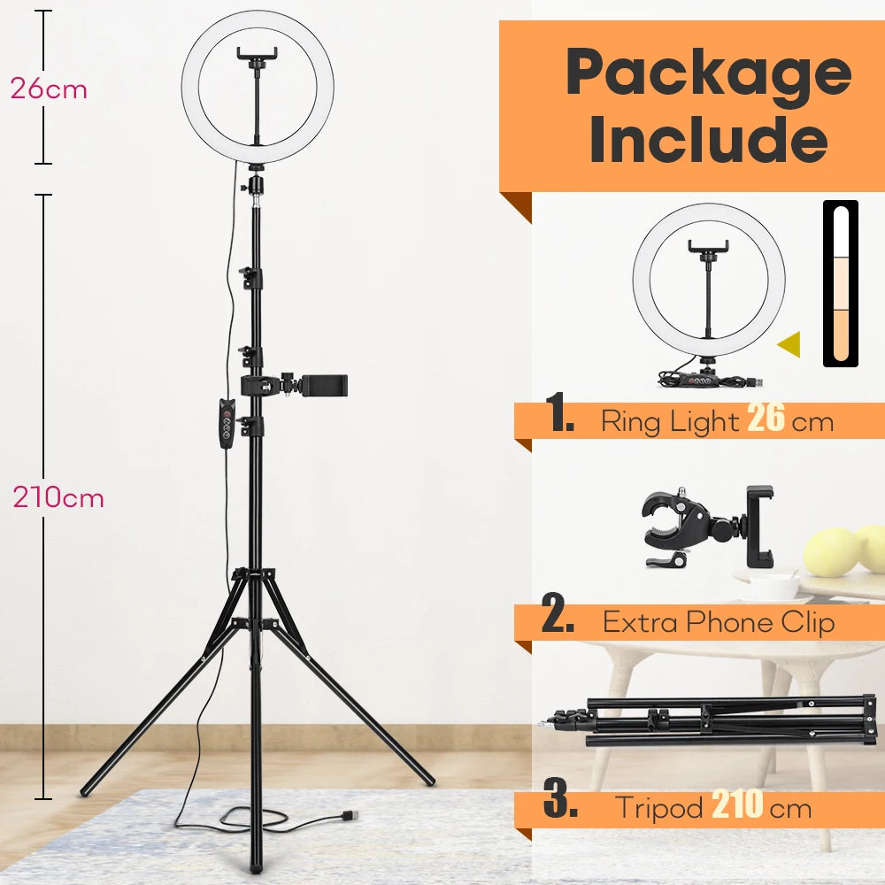Professional Tripod with LED Ring Light for Phone and Camera 26cmLamp 210cm Stand