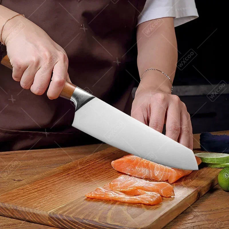 Professional Japanese Santoku Chef Knife - Stainless Steel Blade &amp; Wooden Handle