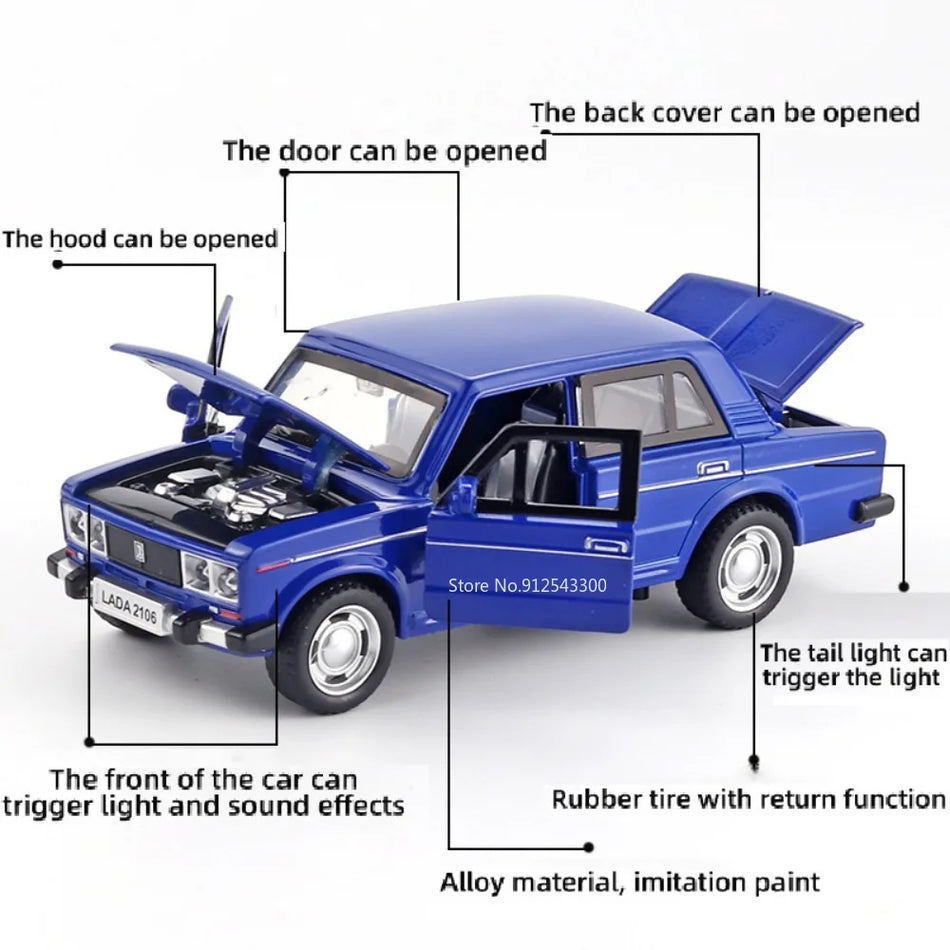 Diecast zlitinski model avtomobila z odpirajočimi vrati za LADO 2106 z zvokom in lučmi