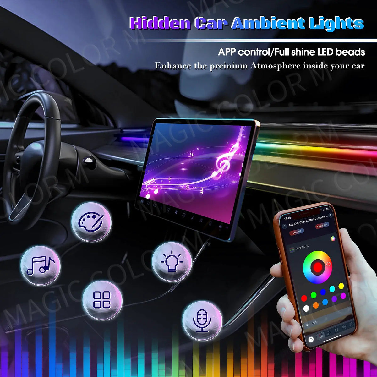 78inch 200cm 150cm LED Car Ambient Light Front Dashboard Windshield 64 Color RGB Symphony Interior Atmosphere Lamp App Control by InterCyprus Trading Ltd