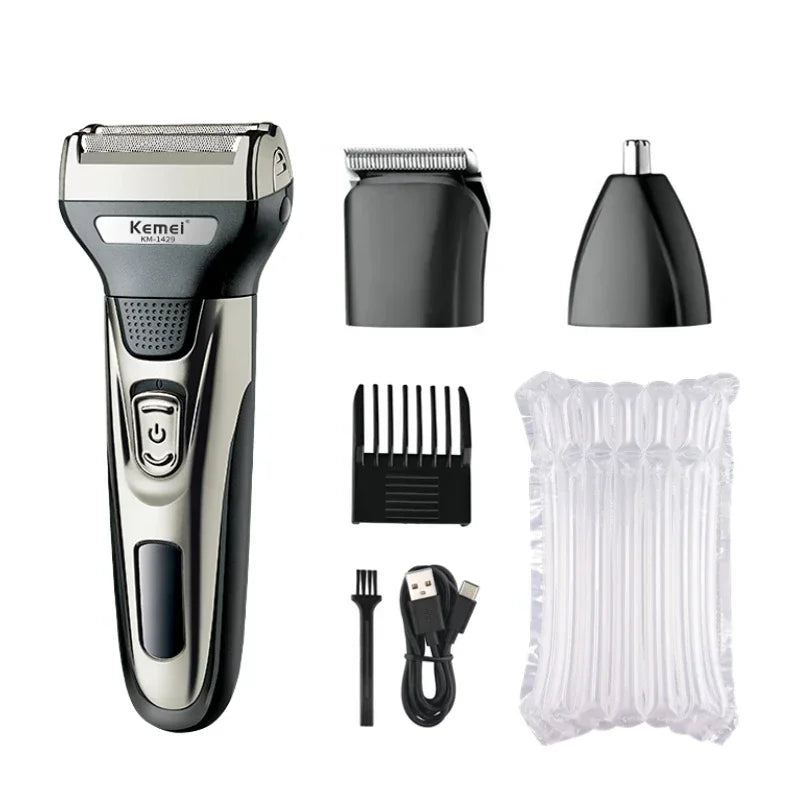 Kemei 3 in 1 Rechargeable Electric Shaver and Trimmer KM-1429 for Men Silver without box