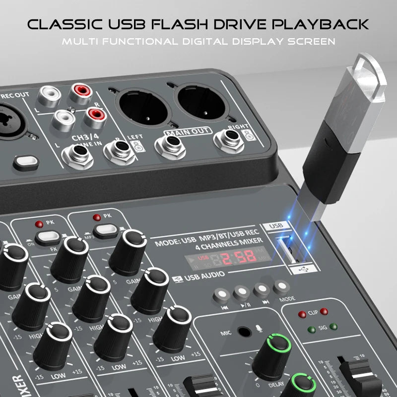 4 Channel Audio Mixer 48V Phantom USB - Bluetooth Enabled