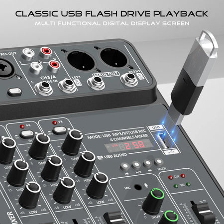 4 Channel Audio Mixer 48V Phantom USB - Bluetooth Enabled