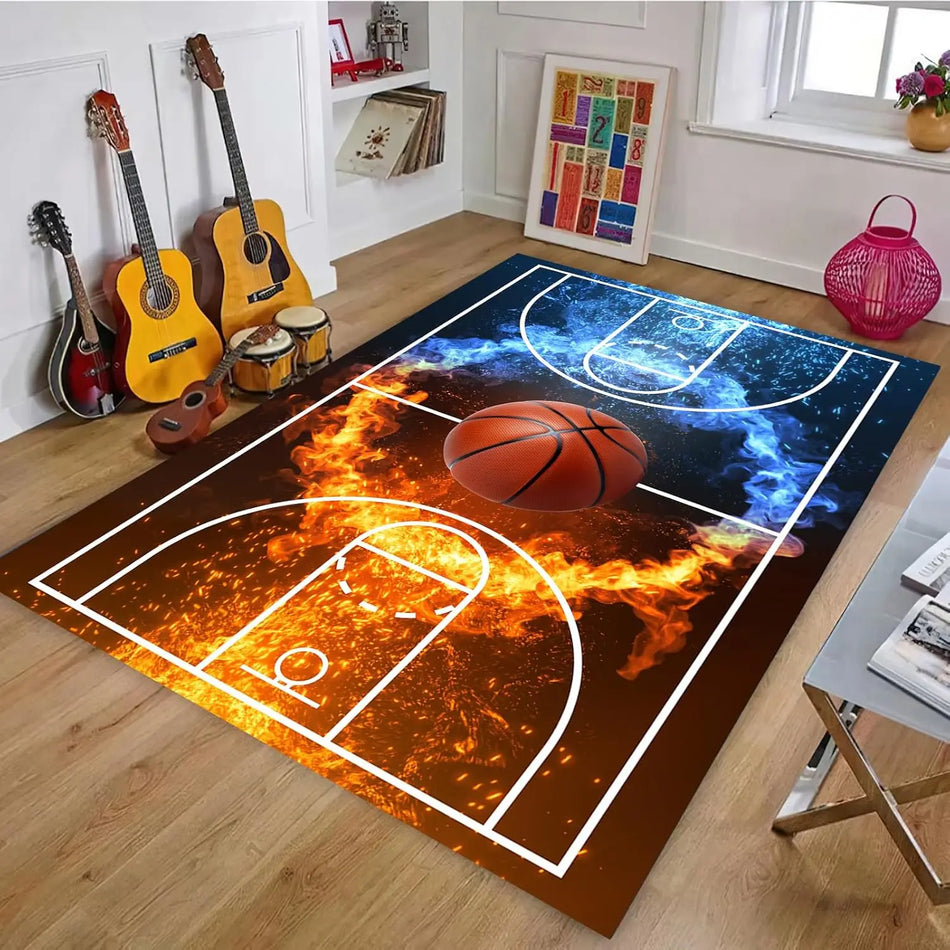 Basketball And Football Field Rug For Living Room, Anti-Slip 100% Polyester, Geometric Bedroom Decor