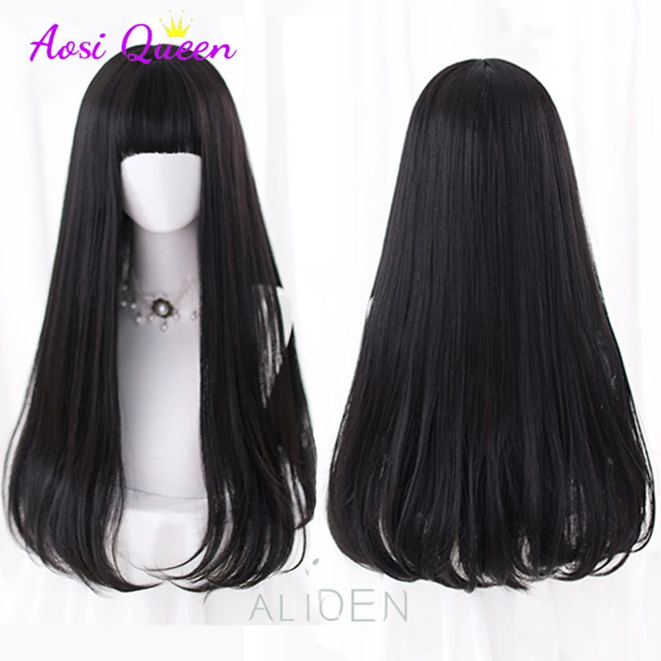 Long Straight Black Synthetic Wig with Bangs for Cosplay and Everyday Wear