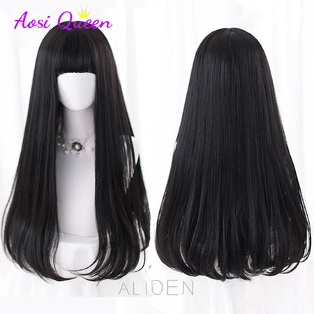 Long Straight Black Synthetic Wig with Bangs for Cosplay and Everyday Wear