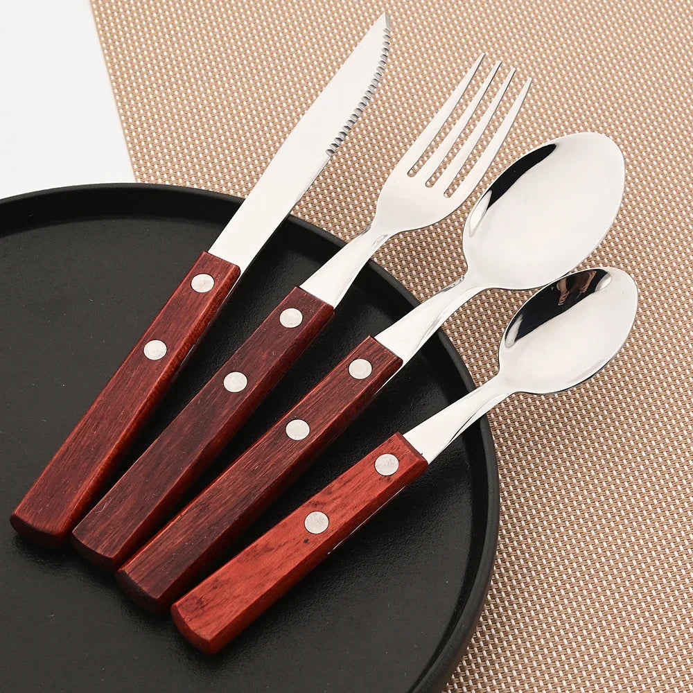 4Pcs Wooden Handle Cutlery Set &ndash; Eco-Friendly Stainless Steel Dinnerware