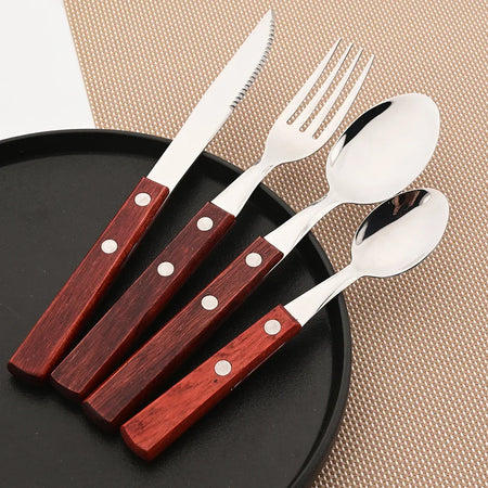 4Pcs Wooden Handle Cutlery Set &ndash; Eco-Friendly Stainless Steel Dinnerware