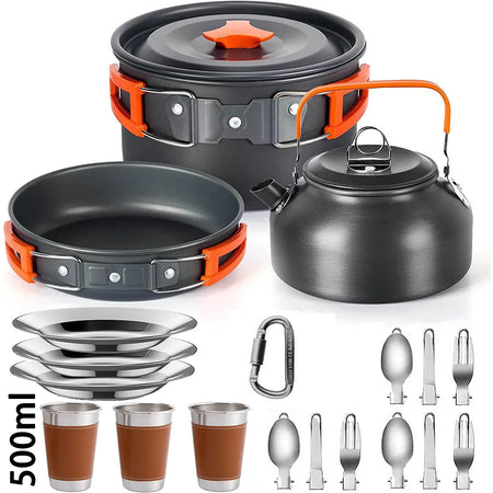 LISM Camping Cookware Set for 2-3 People - Lightweight Aluminium Cooking Pots and Teapot A