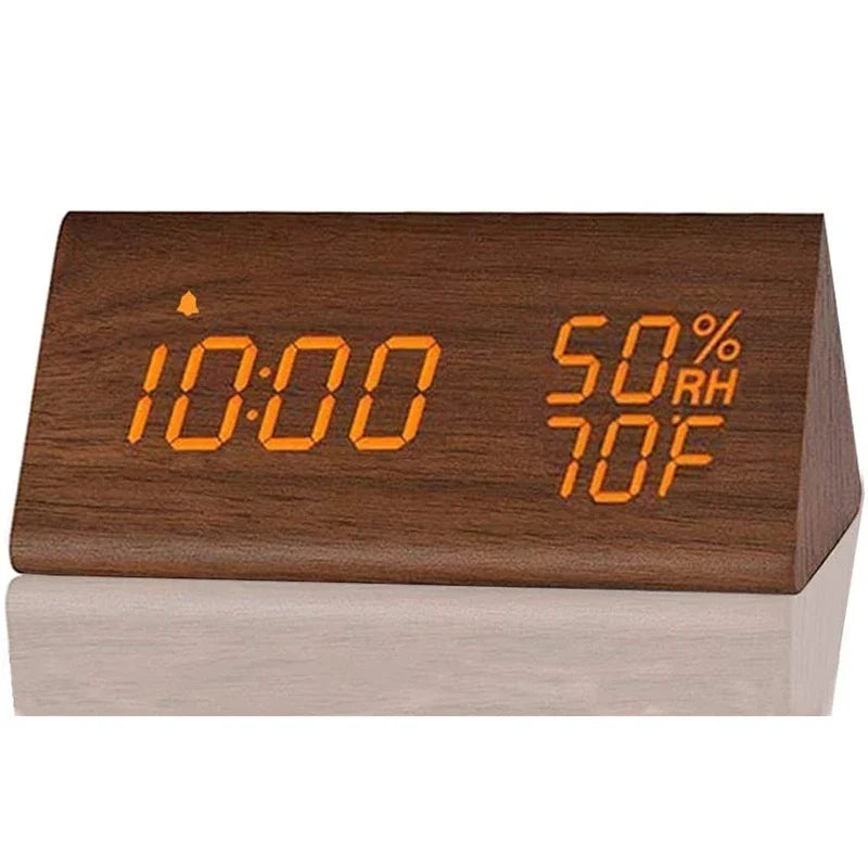 Wooden LED Digital Alarm Clock with USB Charger, Temperature &amp; Humidity Display Brown