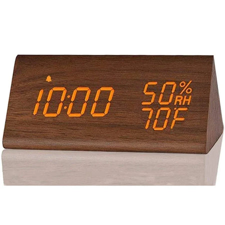 Wooden LED Digital Alarm Clock with USB Charger, Temperature &amp; Humidity Display Brown