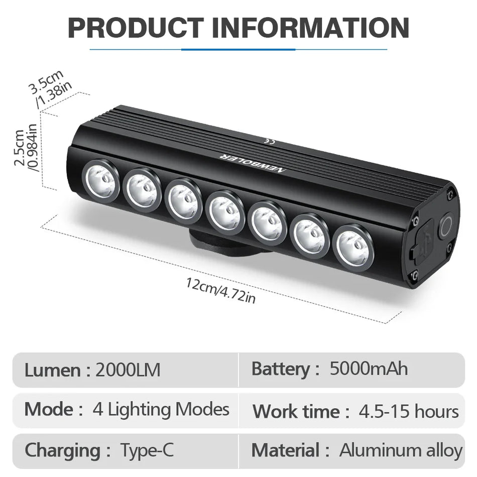 Lumină frontală pentru bicicletă Newboler 2000 lumeni, reîncărcabilă USB, lampă frontală din aliaj de aluminiu 5000mAh pentru MTB, drum și pietriș