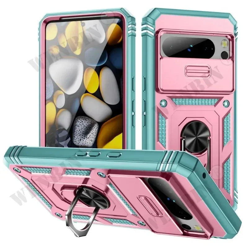 Heavy Duty Armor Case with 360 Degree Rotating Kickstand for Google Pixel 9A, 9, 8, 7 Pro, 8A, 7A, 6A - Shockproof Protective Cover PinkGreen / Google Pixel 9 Pro