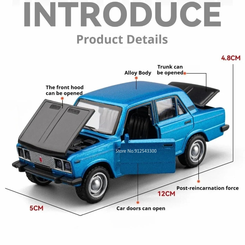 Model de mașină din aliaj turnat cu lumini duale și uși deschise pentru LADA 1:36