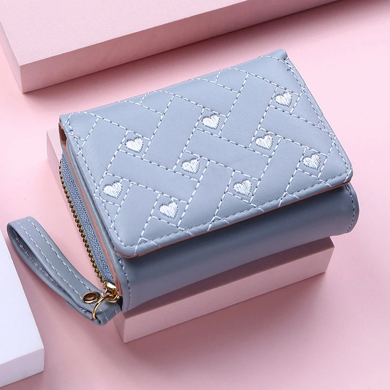 Korean Minimalist Embroidered Love Pattern Tri-Fold PU Wallet for Women Blue