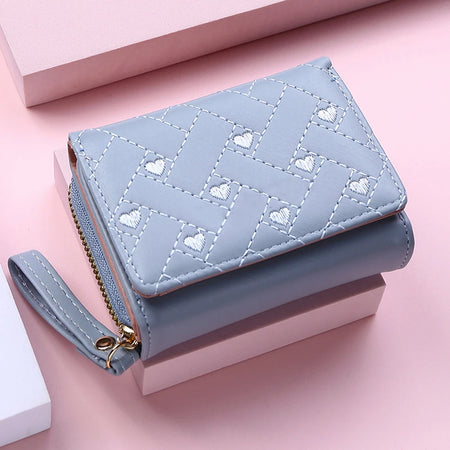 Korean Minimalist Embroidered Love Pattern Tri-Fold PU Wallet for Women Blue