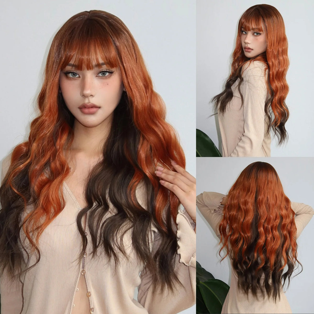 Long Wavy Layered Synthetic Wig with Brown Highlights and Side Bangs WL1197-1 / 24inches