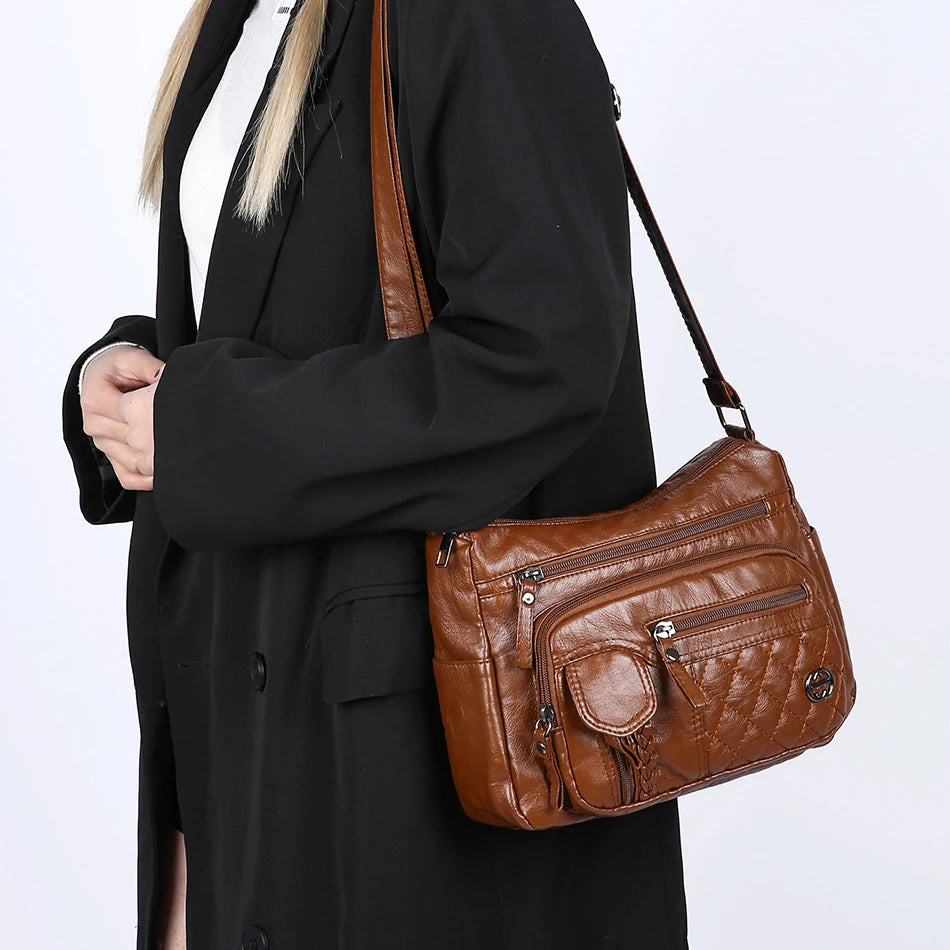 PU Leather Crossbody Bag for Women, Multi Pocket Vintage Handbag with Zipper Closure and Sequined Accent