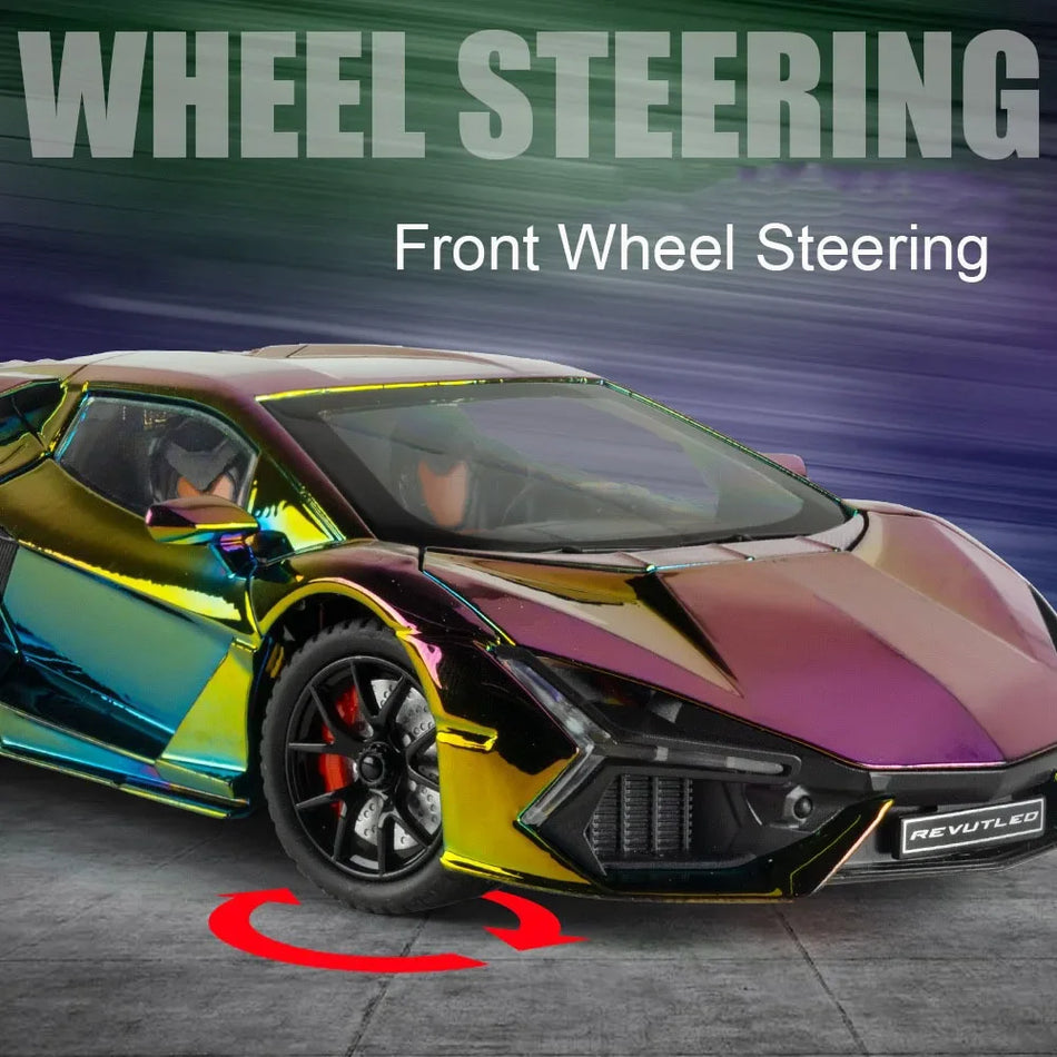 Model de mașină sport din metal turnat, cu retragere, cu caroserie din aliaj și uși deschise.