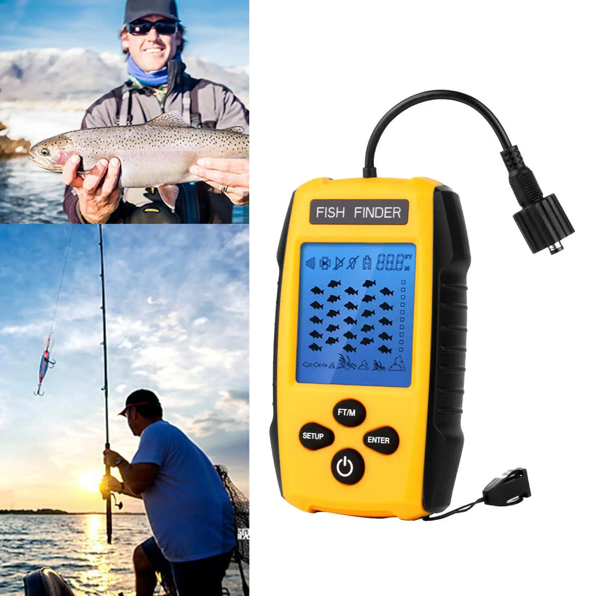 Handheld Fish Finder with LCD Display &amp; Sonar Transducer - 328ft Depth
