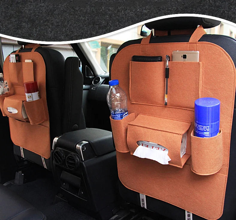 Organizador de respaldo de asiento de coche de lana con ajuste universal y portavasos